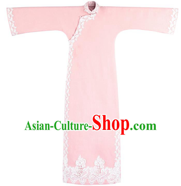 Chinese Classical Qipao Dress National Women Embroidered Pink Woolen Cheongsam Traditional Costume