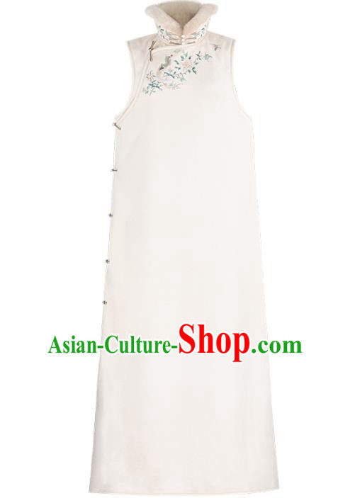 Chinese Classical Qipao Dress Embroidered White Cheongsam Traditional National Women Costume