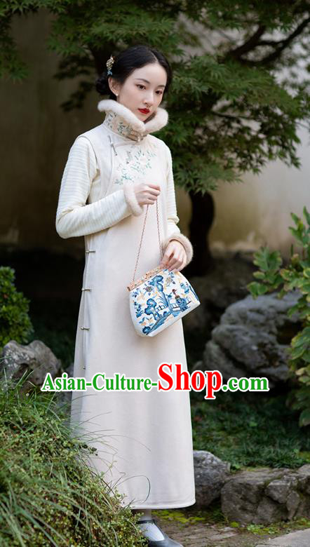 Chinese Classical Qipao Dress Embroidered White Cheongsam Traditional National Women Costume