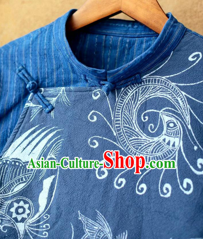 China National Blue Flax Shirt Traditional Batik Costume Tang Suit Women Blouse