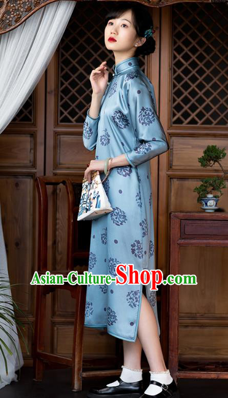Republic of China Classical Blue Silk Qipao Dress Traditional National Costume Women Cheongsam