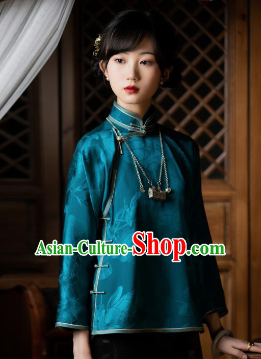 Chinese Traditional Teal Silk Blouse National Shirt Tang Suit Upper Outer Garment for Women
