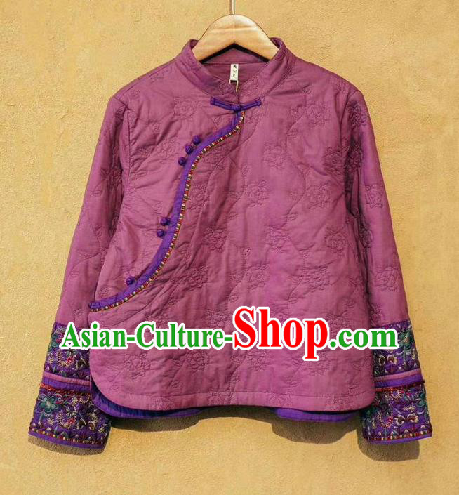 China Tang Suit Women Purple Cotton Padded Jacket Traditional Costume National Winter Upper Outer Garment