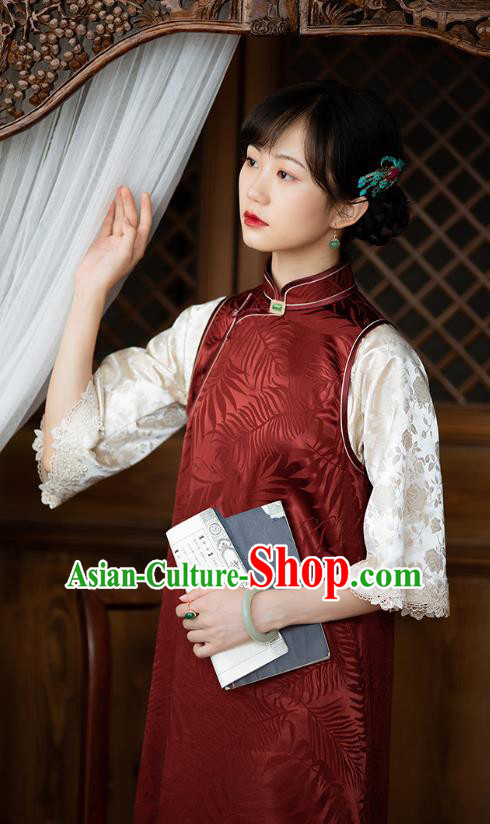 Republic of China Traditional National Costume Asian Classical Pattern Cheongsam Red Silk Qipao Dress
