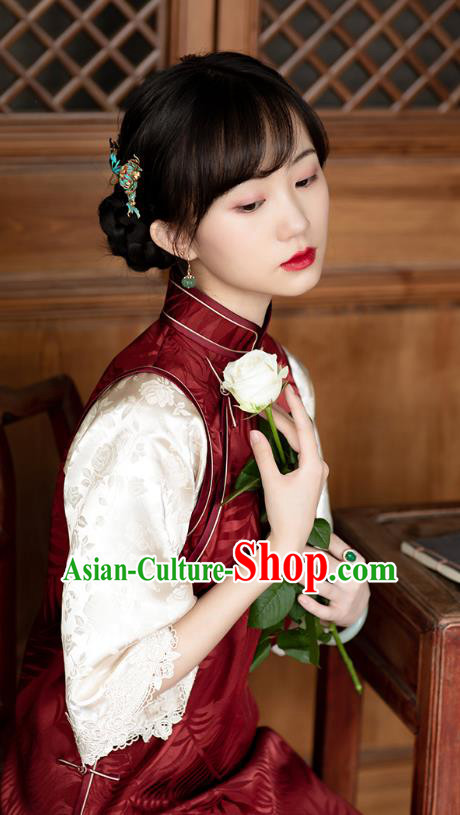 Republic of China Traditional National Costume Asian Classical Pattern Cheongsam Red Silk Qipao Dress
