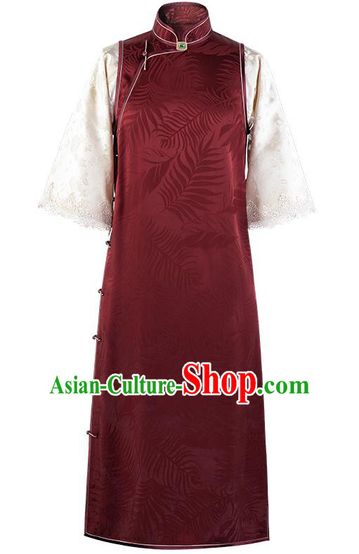 Republic of China Traditional National Costume Asian Classical Pattern Cheongsam Red Silk Qipao Dress