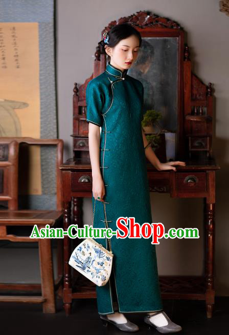 Republic of China Traditional Peacock Green Silk Qipao Dress Asian Classical Cheongsam National Retro Costume