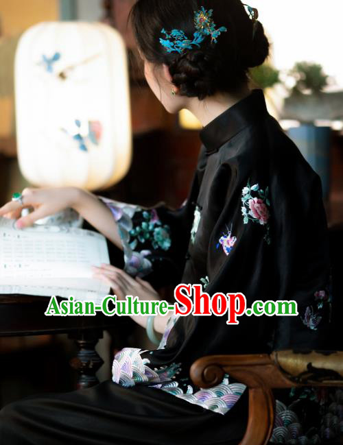 Chinese Tang Suit Outer Garment National Clothing Traditional Black Silk Embroidered Mandarin Jacket for Women