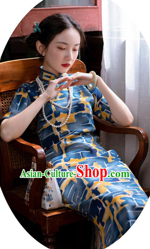 Republic of China Traditional Women Costume Classical Qipao Dress Chinese National Blue Cheongsam