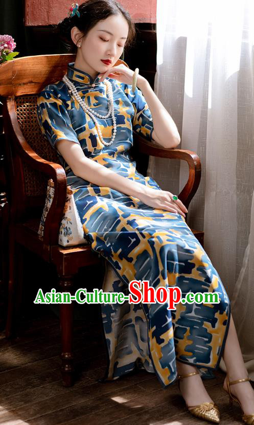 Republic of China Traditional Women Costume Classical Qipao Dress Chinese National Blue Cheongsam