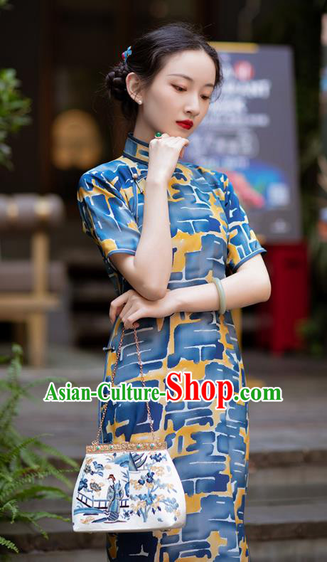 Republic of China Traditional Women Costume Classical Qipao Dress Chinese National Blue Cheongsam