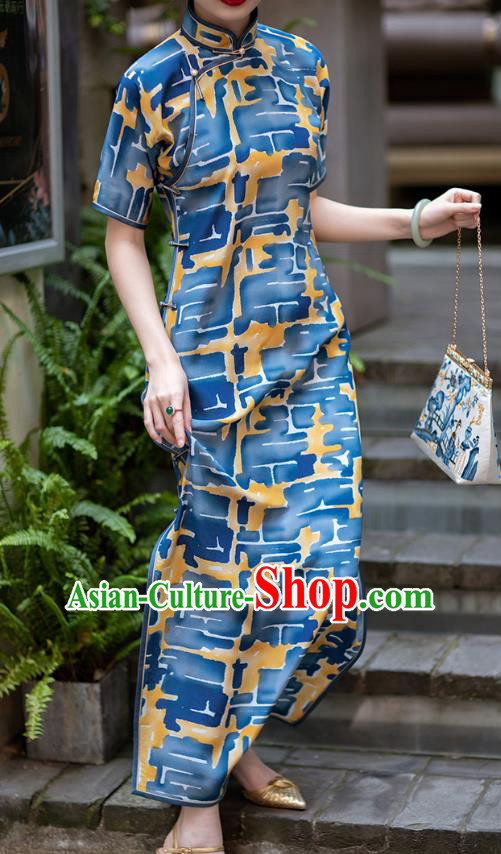 Republic of China Traditional Women Costume Classical Qipao Dress Chinese National Blue Cheongsam