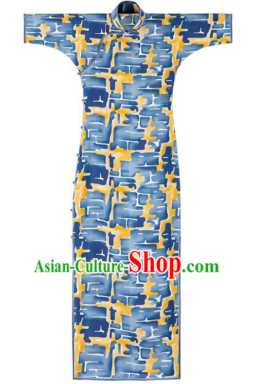 Republic of China Traditional Women Costume Classical Qipao Dress Chinese National Blue Cheongsam