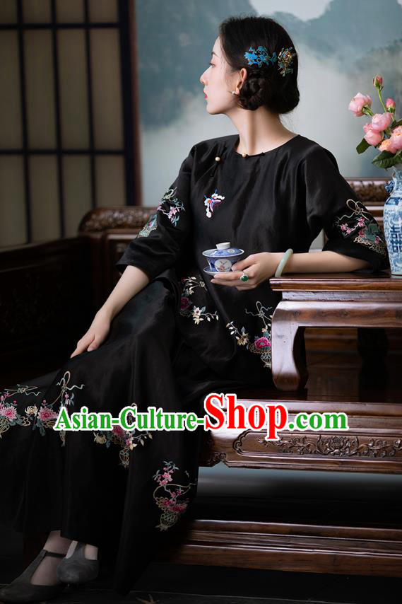 Chinese Traditional Embroidered Black Silk Shirt National Clothing Tang Suit Upper Outer Garment Blouse for Women