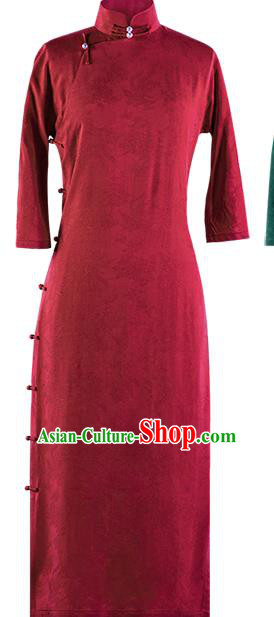 Chinese Traditional Costume National Silk Cheongsam Republic of China Wine Red Qipao Dress