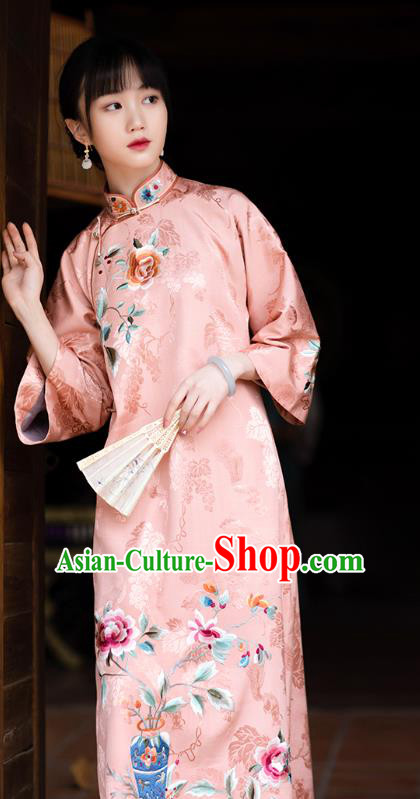Chinese Classical Embroidered Pink Silk Qipao Dress Qing Dynasty Noble Woman Costume China Traditional National Cheongsam