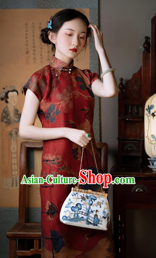 Classical Red Silk Cheongsam Republic of China Traditional Qipao Dress Chinese National Costume