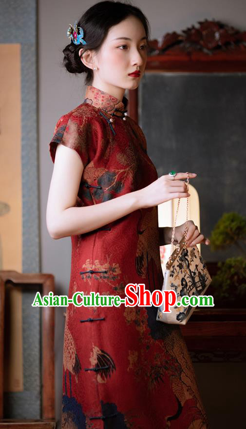 Classical Red Silk Cheongsam Republic of China Traditional Qipao Dress Chinese National Costume