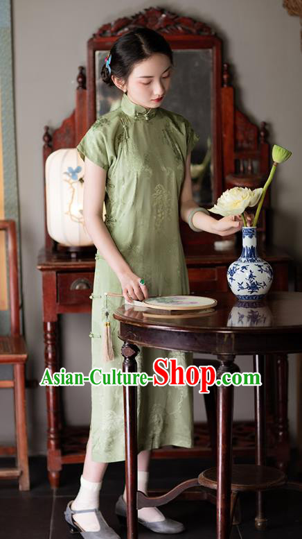 Chinese Traditional Grape Pattern Light Green Silk Cheongsam National Women Classical Qipao Dress Costume