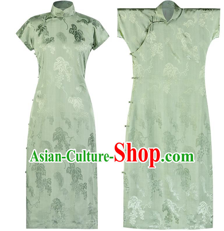 Chinese Traditional Grape Pattern Light Green Silk Cheongsam National Women Classical Qipao Dress Costume