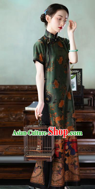 Chinese Classical Character Pattern Qipao Dress National Women Costume Traditional Deep Green Silk Cheongsam