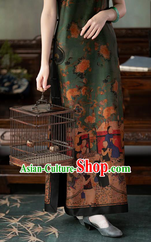 Chinese Classical Character Pattern Qipao Dress National Women Costume Traditional Deep Green Silk Cheongsam