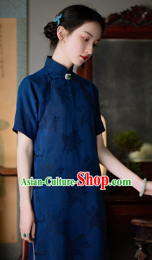 Chinese Traditional Cheongsam National Women Costume Classical Deep Blue Silk Qipao Dress