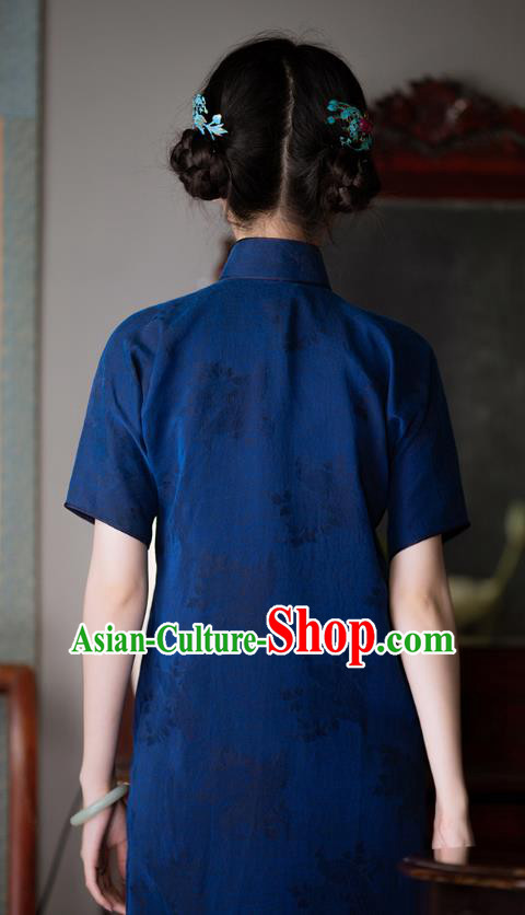 Chinese Traditional Cheongsam National Women Costume Classical Deep Blue Silk Qipao Dress