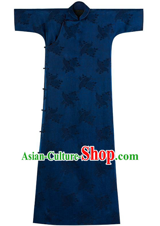 Chinese Traditional Cheongsam National Women Costume Classical Deep Blue Silk Qipao Dress