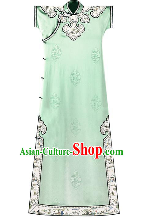 Chinese Traditional Light Green Silk Cheongsam National Women Costume Classical Embroidered Qipao Dress