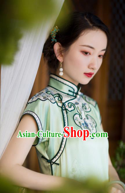 Chinese Traditional Light Green Silk Cheongsam National Women Costume Classical Embroidered Qipao Dress