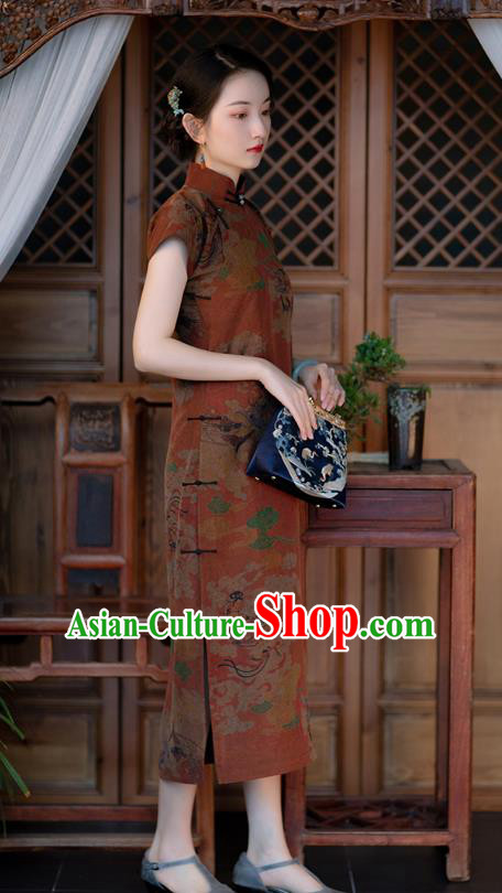 Chinese Traditional Qipao Costume Classical Goddess Pattern Dark Red Silk Cheongsam National Women Dress