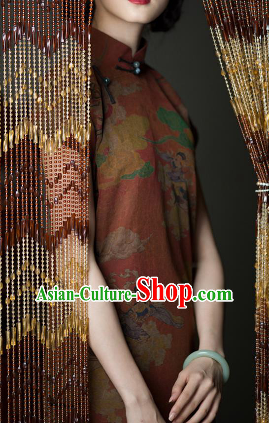 Chinese Traditional Qipao Costume Classical Goddess Pattern Dark Red Silk Cheongsam National Women Dress