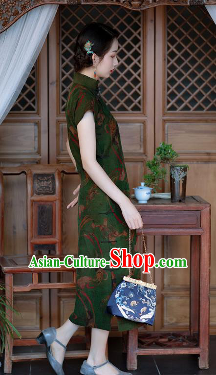 Chinese Traditional National Women Dress Qipao Costume Classical Goddess Pattern Green Silk Cheongsam