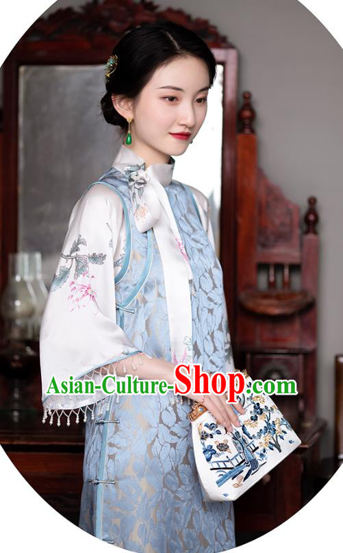 Republic of China Traditional Costume National Women Qipao Classical Blue Silk Cheongsam Dress