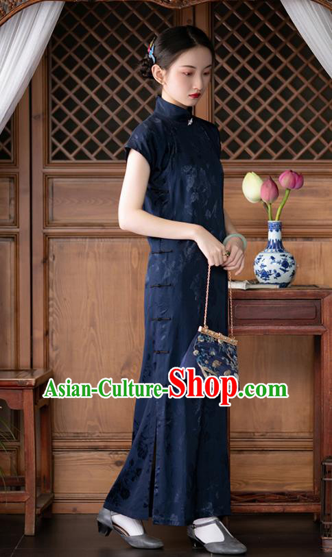 Chinese Traditional Women Navy Satin Cheongsam National Costume Classical Silk Qipao Dress