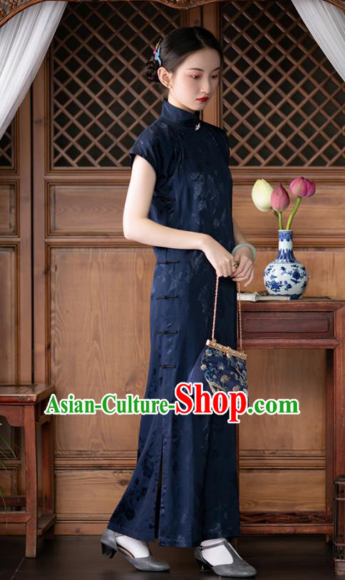 Chinese Traditional Women Navy Satin Cheongsam National Costume Classical Silk Qipao Dress