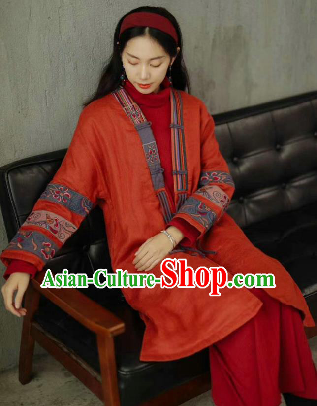China National Embroidered Cotton Padded Coat Traditional Winter Costume Tang Suit Women Red Overcoat