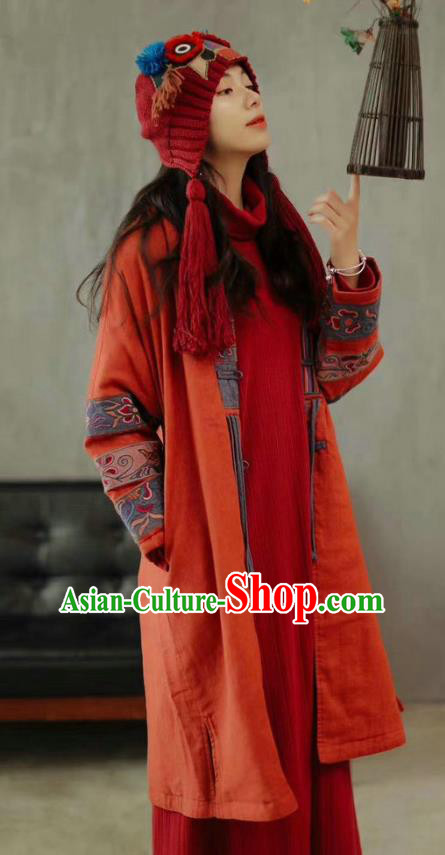 China National Embroidered Cotton Padded Coat Traditional Winter Costume Tang Suit Women Red Overcoat