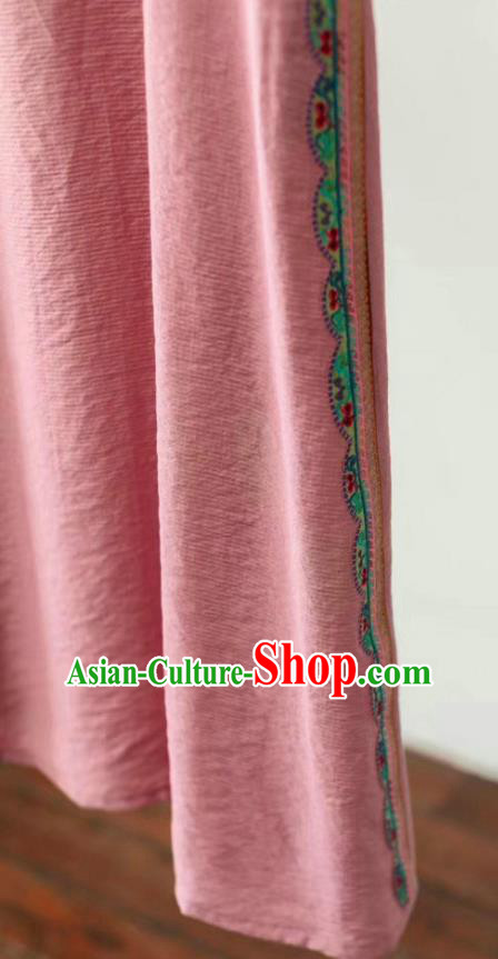 Chinese Traditional Embroidered Clothing National Pink Flax Qipao Dress Women Slant Opening Cheongsam