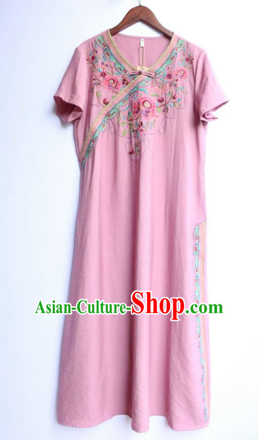 Chinese Traditional Embroidered Clothing National Pink Flax Qipao Dress Women Slant Opening Cheongsam