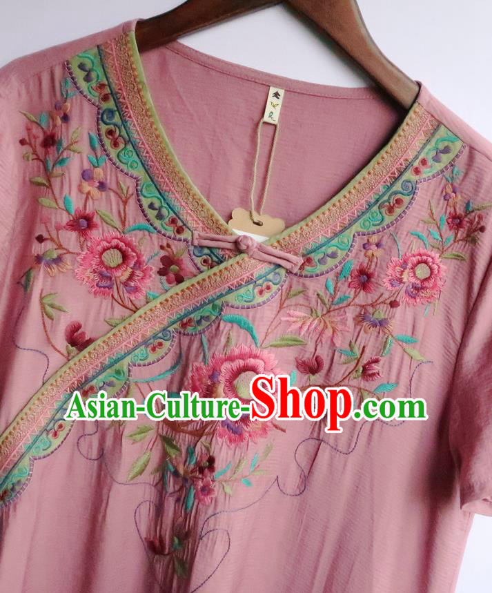 Chinese Traditional Embroidered Clothing National Pink Flax Qipao Dress Women Slant Opening Cheongsam