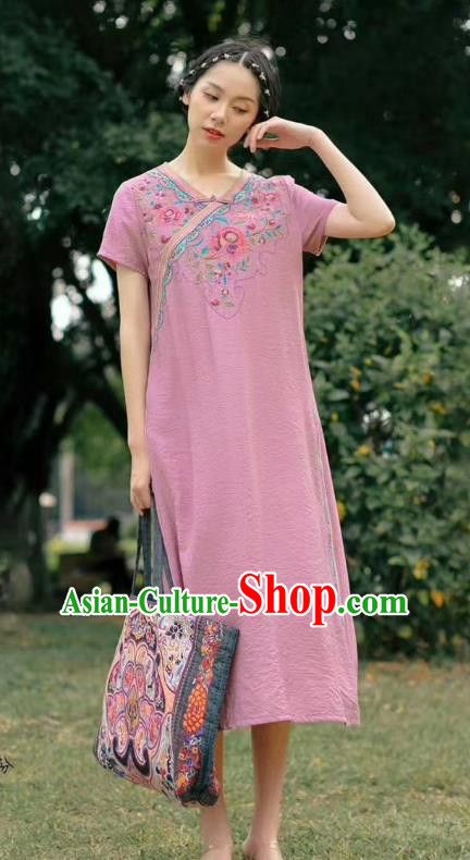 Chinese Traditional Embroidered Clothing National Pink Flax Qipao Dress Women Slant Opening Cheongsam