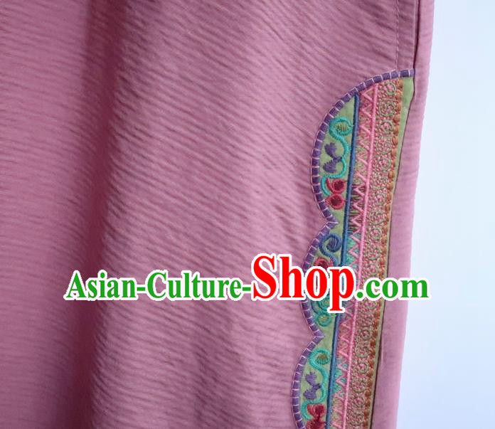 Chinese Traditional Embroidered Clothing National Pink Flax Qipao Dress Women Slant Opening Cheongsam