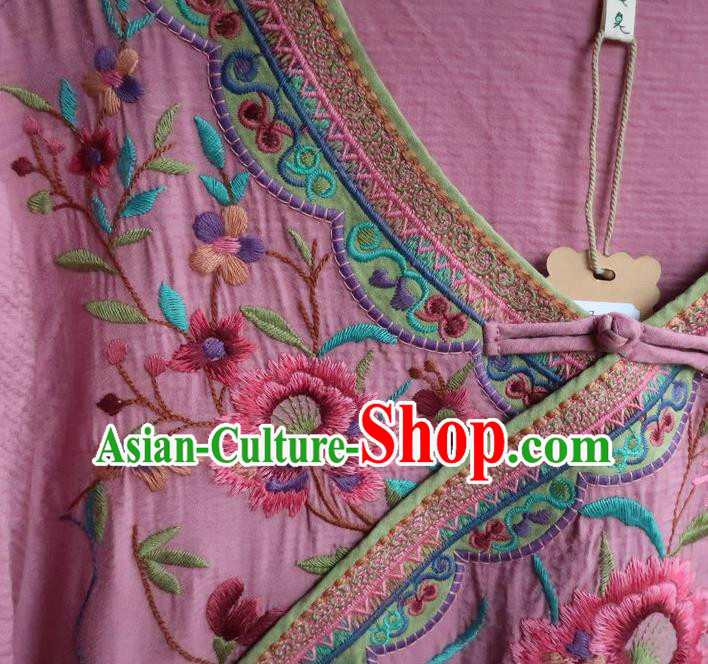 Chinese Traditional Embroidered Clothing National Pink Flax Qipao Dress Women Slant Opening Cheongsam