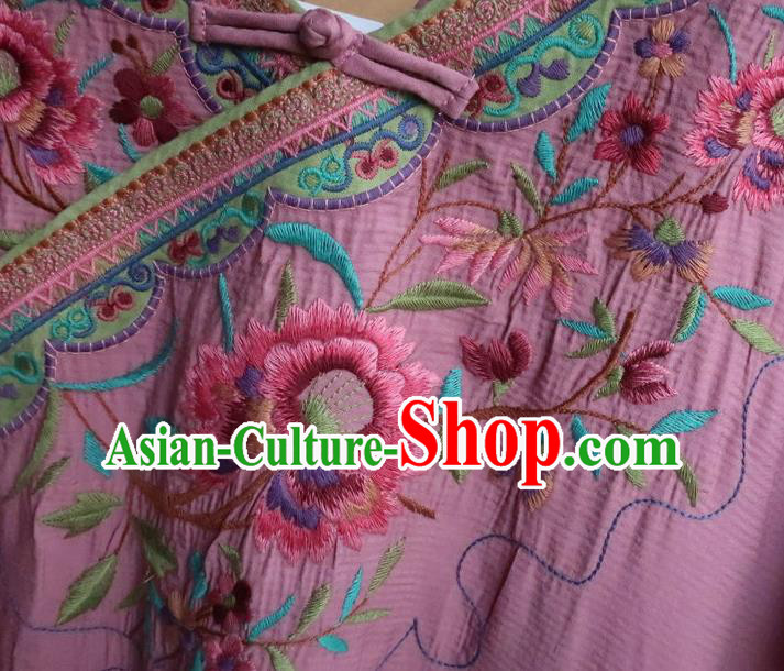 Chinese Traditional Embroidered Clothing National Pink Flax Qipao Dress Women Slant Opening Cheongsam