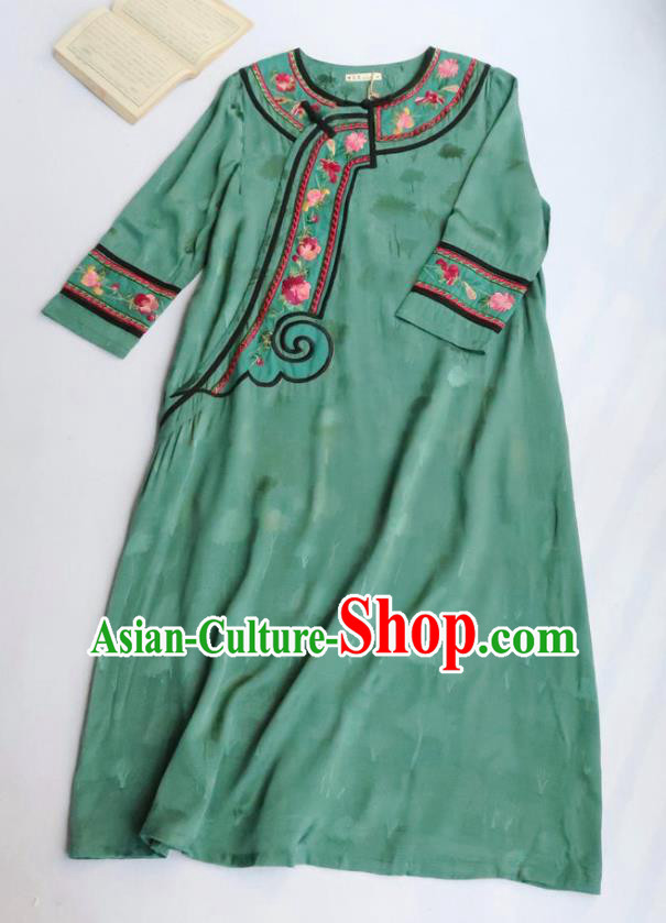 Chinese National Green Qipao Dress Women Traditional Embroidered Classical Cheongsam Clothing