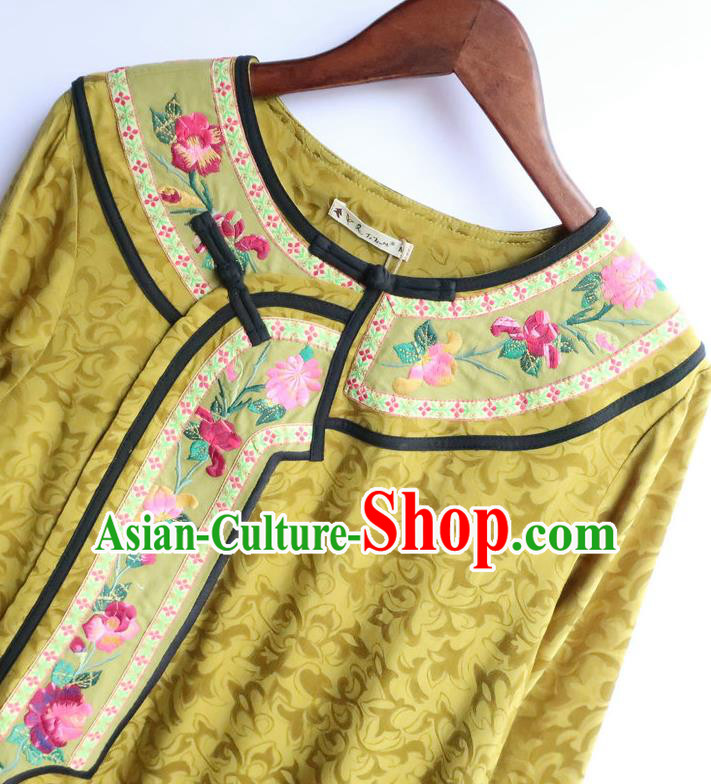 Chinese Women Traditional Embroidered Classical Cheongsam Clothing National Yellow Qipao Dress