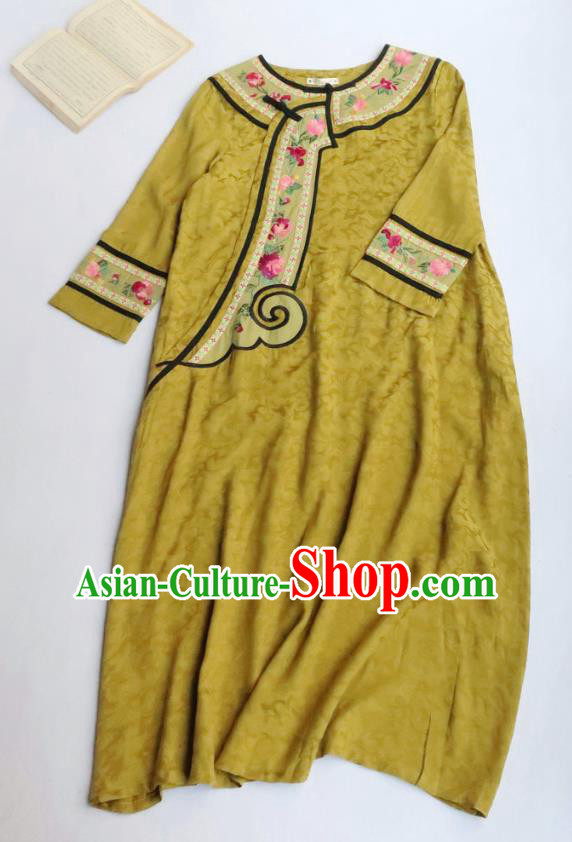 Chinese Women Traditional Embroidered Classical Cheongsam Clothing National Yellow Qipao Dress