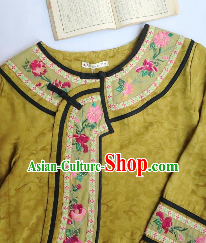 Chinese Women Traditional Embroidered Classical Cheongsam Clothing National Yellow Qipao Dress